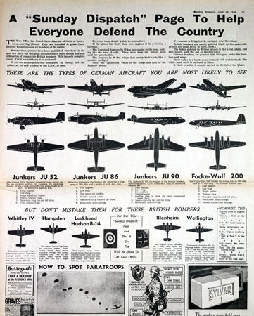 A chart from a newspaper detailing the outlines of German and allied aircraft, 1940.